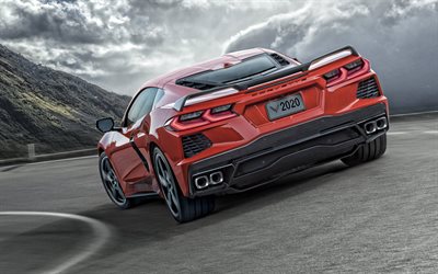 2020, Chevrolet Corvette Stingray, vista posterior, rojo para los coches deportivos, rojo nuevo Corvette Stingray, el deporte estadounidense coches, Chevrolet