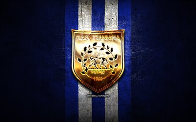Giannina FC, golden logo, Super League Greece, blue metal background, football, PAS Giannina, greek football club, Giannina logo, soccer, Greece