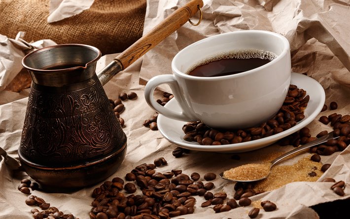 cup of coffee, coffee beans, Cezve, Turkish coffee, white cup, coffee concepts