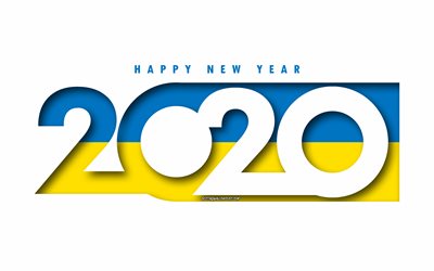Ukraina 2020, Flagga Ukraina, vit bakgrund, Gott Nytt &#197;r Ukraina, 3d-konst, 2020 begrepp, Ukraina flagga, 2020 Nytt &#197;r, 2020 Ukraina flagga