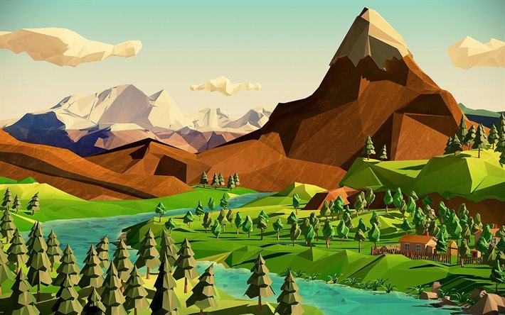概要3D風景, 山々, 森林, 川, 低いポリ風景, 抽象性, 低のポリア