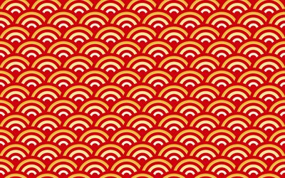 4k, 赤い中国語の背景, 中国の波背景, 赤い中国のパターン, 中国の飾り, 中国の飾りを背景, 中国のパターン, 赤の背景
