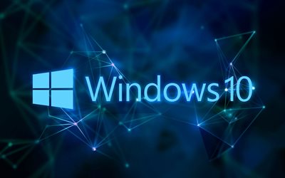 Windows 10, ne&#243;n azul logo, fondo azul, arte creativo, Windows