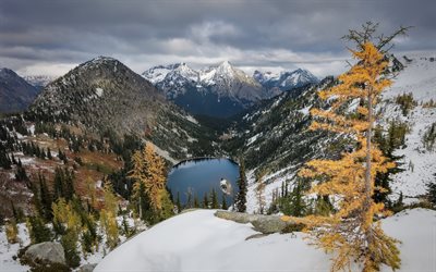 mountain lake, winter, mountains, forest, USA, mountain landscape, United States, Washington