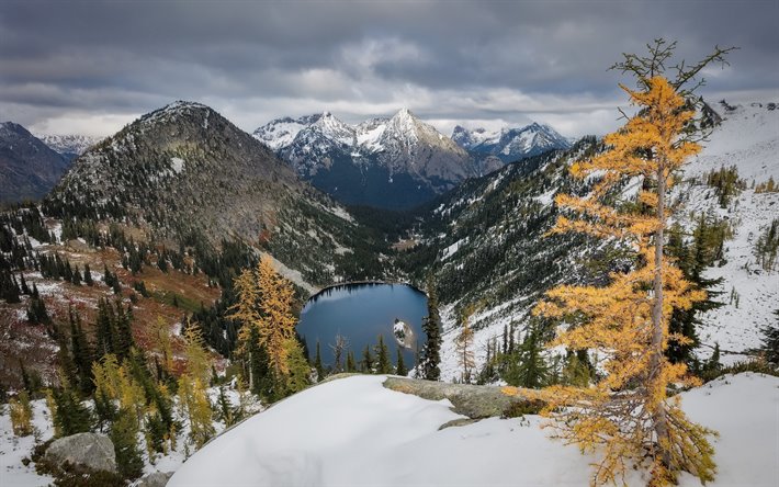 lac de montagne, hiver, montagnes, for&#234;ts, etats-unis, montagne, paysage, Etats-unis, Washington