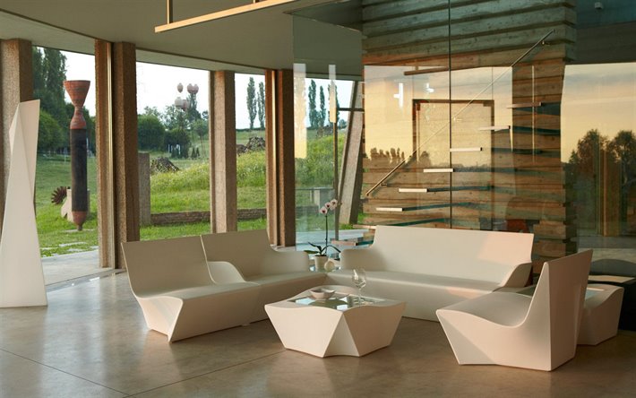 elegante design de interiores, sala de estar, Interior africano estilo, mobili&#225;rio moderno, parede de vidro na sala de estar