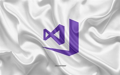 Visual Studio 2017 logotipo de seda blanca de textura, Visual Studio 2017 emblema, lenguaje de programaci&#243;n, Visual Studio, la seda de fondo