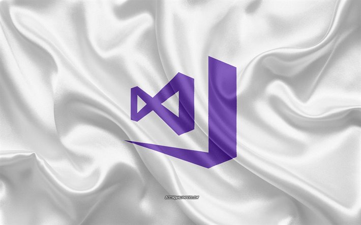Visual Studio 2017 logo, white silk texture, Visual Studio 2017 emblem, programming language, Visual Studio, silk background
