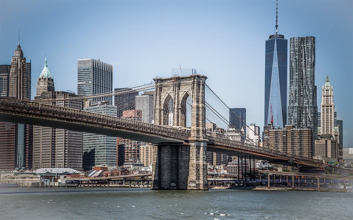 New York, Brooklyn, Manhattan, le Pont de Brooklyn, gratte-ciel, paysage urbain, &#233;tats-unis, 1 World Trade Center, la Tour de la Libert&#233;, drapeau USA
