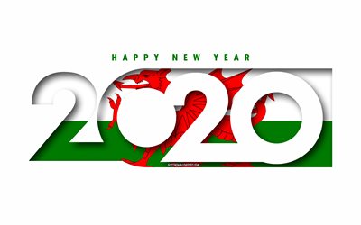 Wales 2020, Lipun Wales, valkoinen tausta, Hyv&#228;&#228; Uutta Vuotta Wales, 3d art, 2020 k&#228;sitteit&#228;, Walesin lippu, 2020 Uusi Vuosi, 2020 Walesin lippu