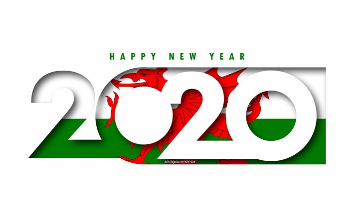 Wales 2020, Flag of Wales, white background, Happy New Year Wales, 3d art, 2020 concepts, Wales flag, 2020 New Year, 2020 Wales flag