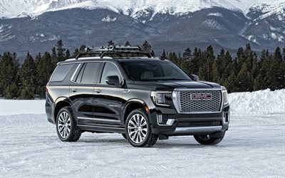 2021, GMC Yukon Denali, luxury black SUV, winter, snow, new black Yukon Denali, american cars, GMC