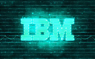 IBM turchese logo, 4k, turchese, brickwall, il logo IBM, marche, IBM neon logo, IBM