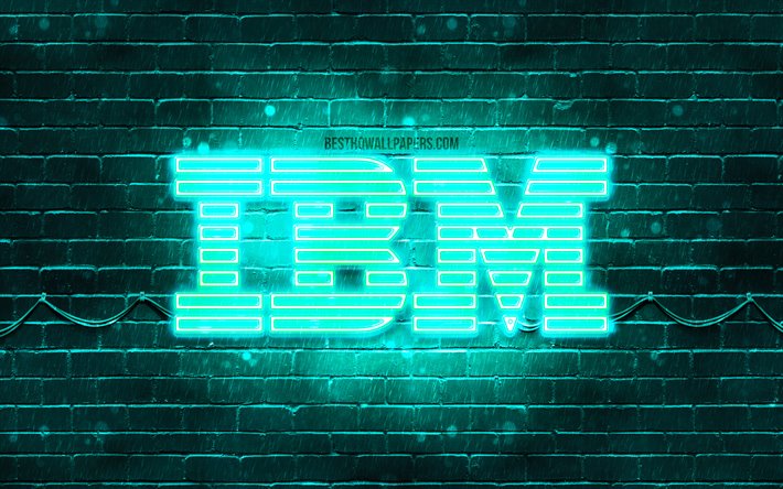 IBM turquoise logo, 4k, turquoise brickwall, IBM, le logo, les marques, IBM n&#233;on logo