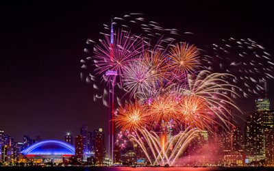 Toronto, CN Tower, night, evening, city lights, Toronto cityscape, Fireworks, Ontario, Canada
