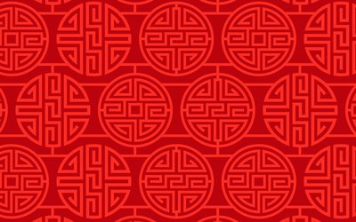 4k, 赤い中国語の背景, 丸中国の飾り, 中国の飾りを背景, 中国のパターン, 中国の飾り, 赤の背景