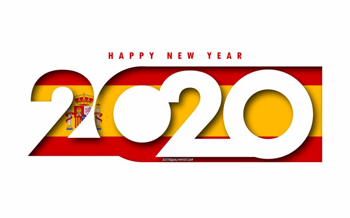 Espanja 2020, Espanjan lipun alla, valkoinen tausta, Hyv&#228;&#228; Uutta Vuotta Espanjassa, 3d art, 2020 k&#228;sitteit&#228;, Espanjan lippu, 2020 Uusi Vuosi, 2020 Espanjan lippu
