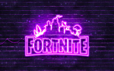 Fortnite viola logo, 4k, viola, brickwall, Fortnite logo, giochi del 2020, Fortnite neon logo, Fortnite
