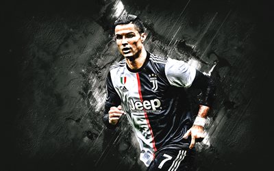Cristiano Ronaldo, il calciatore portoghese, CR7, Juventus FC, portrait, in pietra grigia, sfondo, calcio, Ronaldo Juventus