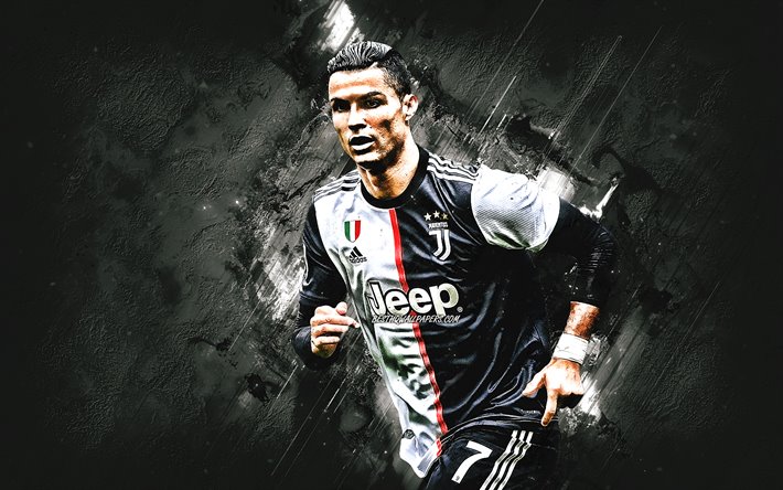Cristiano Ronaldo, portugalin jalkapalloilija, CR7, Juventus FC, muotokuva, harmaa kivi tausta, jalkapallo, Ronaldo Juventus