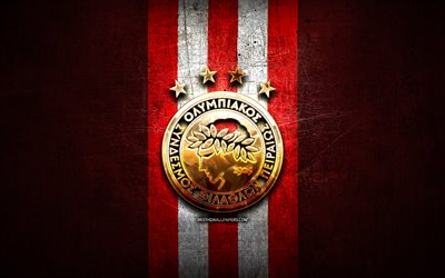 Kolombiya Piraeus FC, altın logo, S&#252;per Lig Yunanistan, kırmızı metal arka plan, futbol, Kolombiya Piraeus, Yunan Futbol Kul&#252;b&#252;, Kolombiya ve Pire logo, Yunanistan