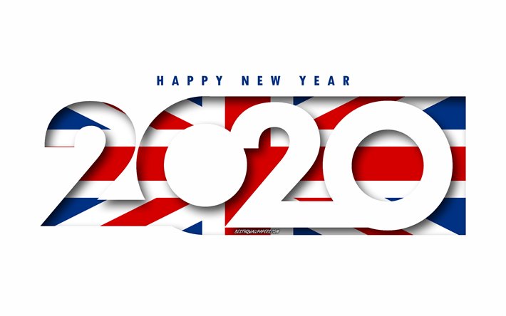 United Kingdom 2020, Flag of United Kingdom, Flag of Great Britain, white background, Happy New Year United Kingdom, 3d art, 2020 concepts, United Kingdom flag, 2020 New Year, 2020 Great Britain flag