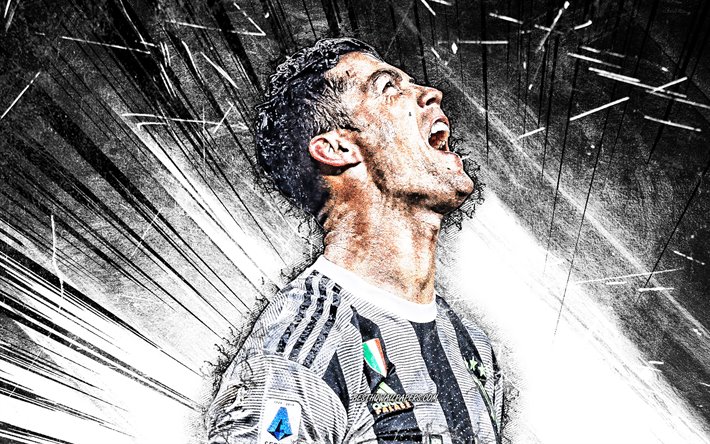 Cristiano Ronaldo, 2020, grunge art, Juventus FC, CR7, portugalilaiset jalkapalloilijat, Italia, Juventus, jalkapallo, tavoite, jalkapallo t&#228;hte&#228;, Serie, neon valot, CR7 Juve