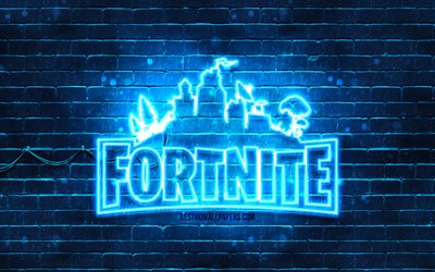 Fortnite logo blu, 4k, blu, brickwall, Fortnite logo, giochi del 2020, Fortnite neon logo, Fortnite