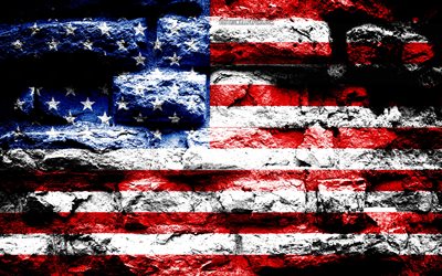 USA flag, grunge brick texture, Flag of USA, flag on brick wall, American flag, USA, flags of North America countries