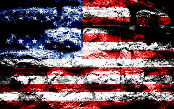 USA bandiera, grunge texture di mattoni, Bandiera degli stati UNITI, bandiera su un muro di mattoni, bandiera Americana, USA, bandiere del Nord America, paesi