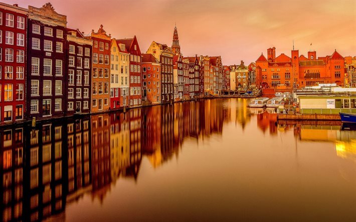 Amsterdam, Hollanda, evler, tekneler, kanal