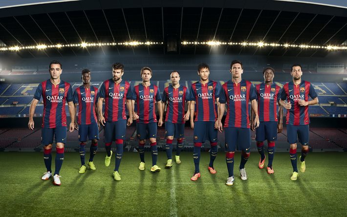 FC Barcelona, 2016, football players, Lionel Messi, Samuel Umtiti, Neymar, Gerard Pique, Andres Iniesta