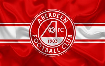 Aberdeen FC, 4K, Scottish Football Club, logo, tunnus, Skotlannin Valioliigassa, jalkapallo, Aberdeen, Skotlanti, silkki lippu, Skotlannin Jalkapallon Mestaruuden