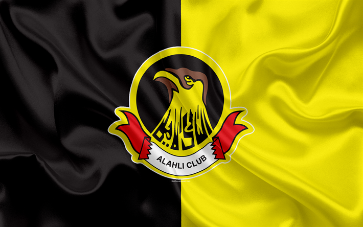 Al-Ahli FC, 4k, Bahrain football club, emblem, logo, silk flag, Bahraini Premier League, Manama, Bahrain, football, Bahrain football championship