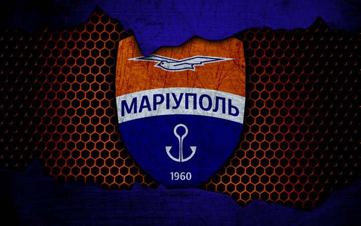 FC Mariupol, 4k, logo, Premier League Ucraniana, futebol, clube de futebol, Ucr&#226;nia, grunge, textura de metal, Mariupol FC