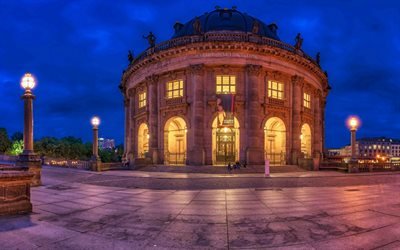 Berlin, Bode-Museum, evening, city lights, Germany, Berlin landmarks