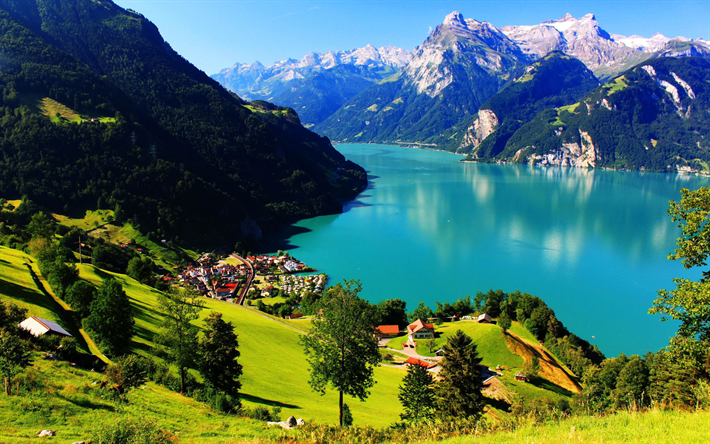 En suisse, 4k, Alpes Suisses, lac de montagne, l&#39;&#233;t&#233;, les montagnes, l&#39;Europe, les Alpes