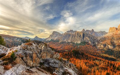 Cinque Torri, autumn, mountain landscape, forest, Dolomites, Italy, Nuvolao group, San Vito di Cadore