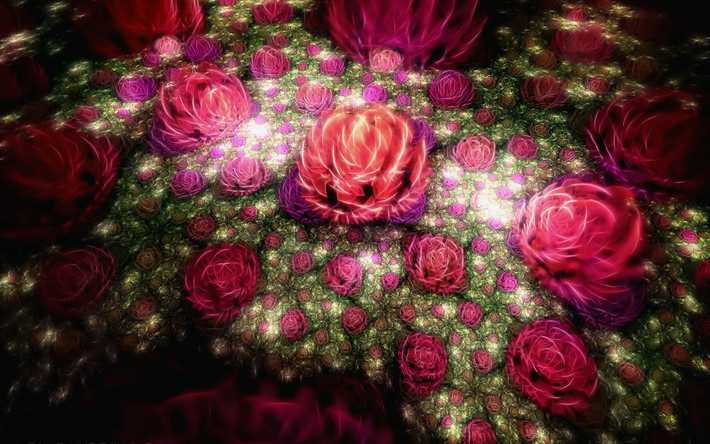 rosas, 4k, fractais, Arte 3d, luzes de neon, arte, criativo