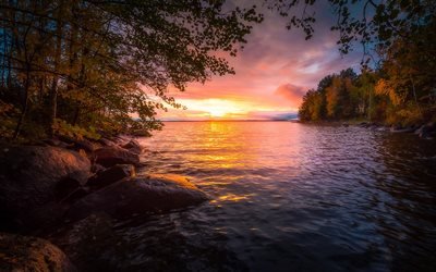 Lake Nasijarvi, sunset, autumn, shore, beautiful lake, Tampere, Pirkanmaa, Finland
