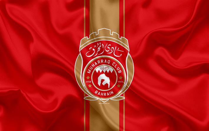 Al-Muharraq SC, 4k, Bahrain club di calcio, emblema, logo, seta bandiera del Bahrain Premier League, Muharraq, Bahrain, calcio, campionato di calcio Bahrain, Al-Muharraq FC