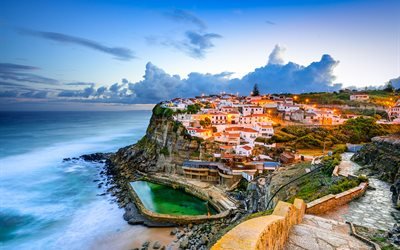 Azenhas do Mar, Atlantin Valtameri, rannikolla, resort, sunset, illalla, Portugali, Sintra
