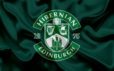 Hibernian FC, 4K, Scottish Football Club, logo, Hibernian emblem, Scottish Premiership, football, Edinburgh, Scotland, UK, silk flag, Scottish Football Championship