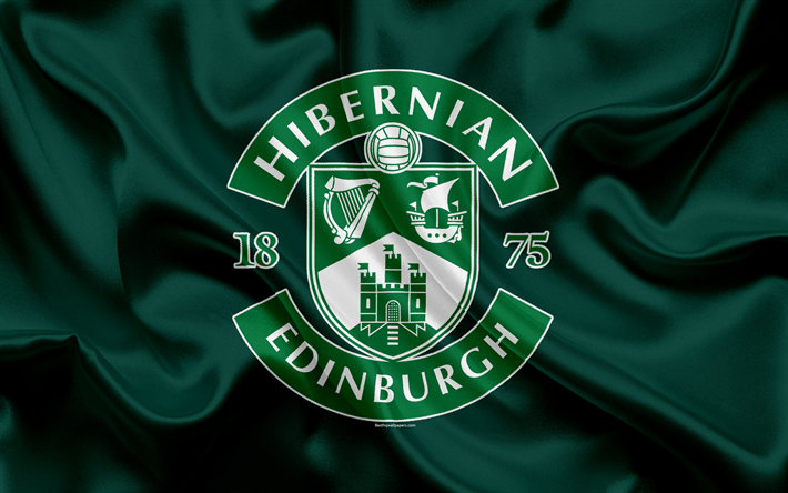 Hibernian FC, 4K, Scottish Football Club, logo, Hibernian emblema, Scottish premier league, calcio, Edimburgo, Scozia, regno UNITO, bandiera di seta, Campionato di Calcio Scozzese