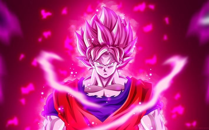 Goku, 4k, Dragon Ball Z, pelo de color rosa, son Goku, DBZ