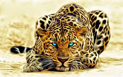 4k, leopard, 3d art, blue eyes, predators