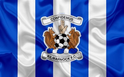 Kilmarnock FC, 4K, Scottish Football Club, logo, emblem, Scottish Premiership, football, Kilmarnock, Scotland, UK, silk flag, Scottish Football Championship