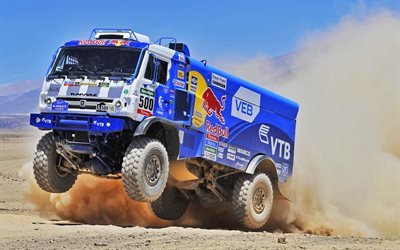 KAMAZ 4326, SUV truck, desert, barkhan, jump, KAMAZ-master, RedBull, Dakar, Rally