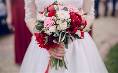 wedding bouquet, bride, wedding concepts, white wedding dress, roses, red peonies