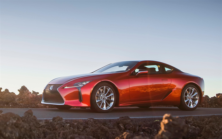 Lexus LC 500, 2018, 4k, coup&#233; deportivo, naranja LC, coches deportivos, coches Japoneses, Lexus